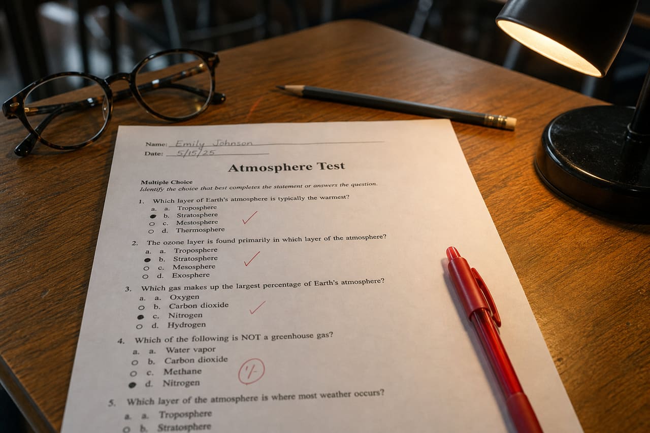 Graded Atmosphere Test Worksheet with Red Ink Corrections