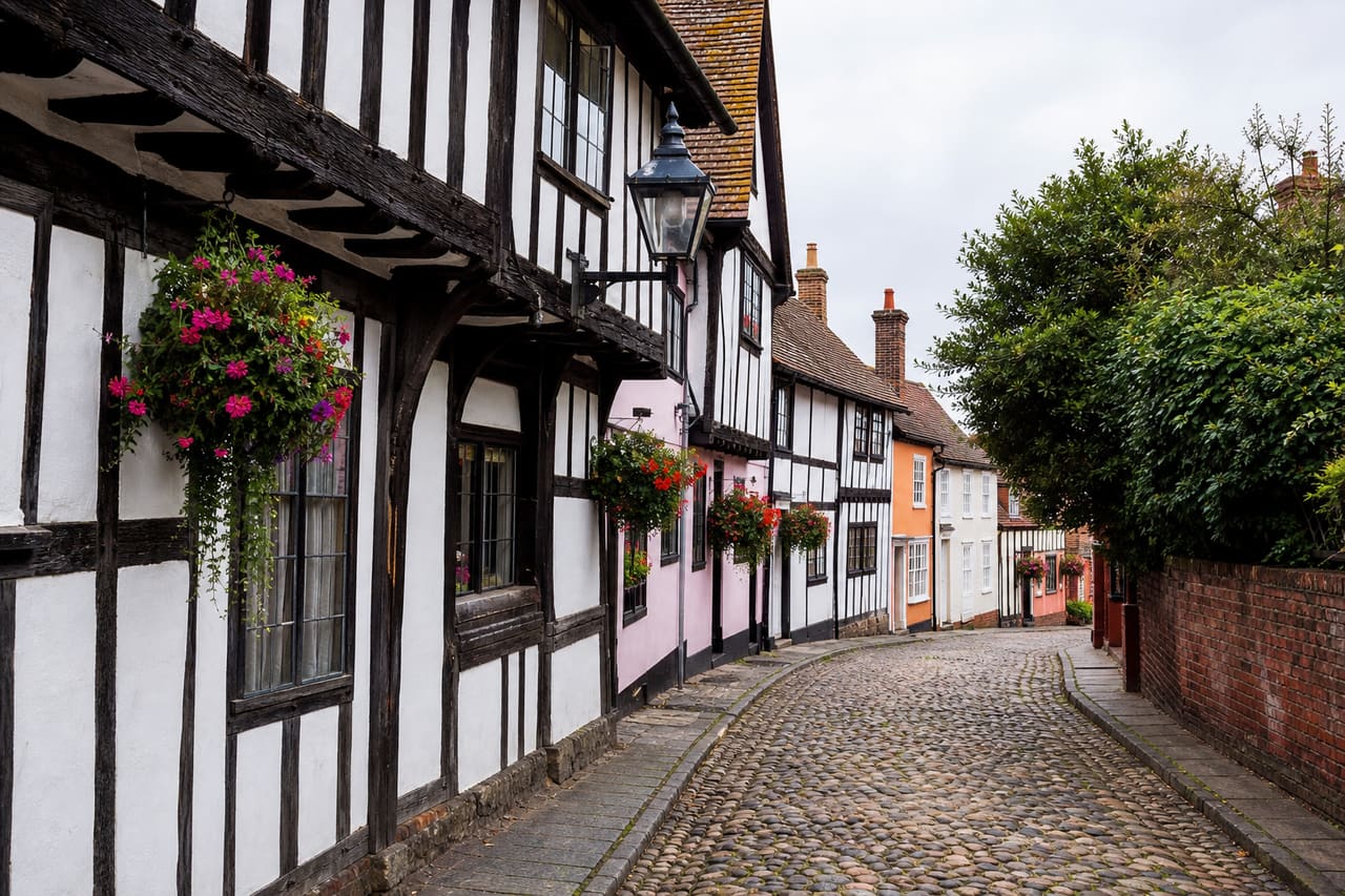 Historic Timber Framed Cottages Along Old Market Lane in Woodbridge