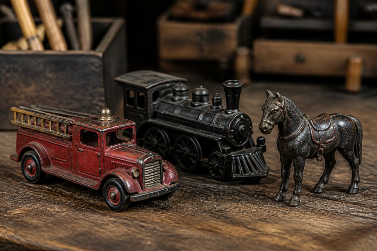 Vintage Cast Iron Toy Reproductions on a Rustic Wooden Table