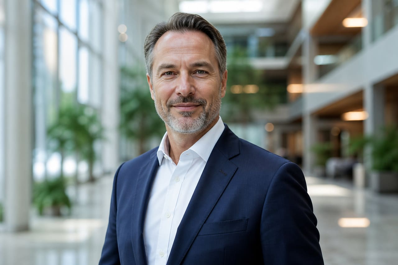 Professional Executive Man in Modern Corporate Office Atrium