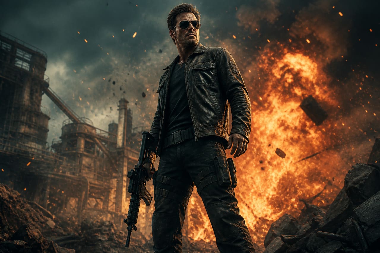 Action Hero Posing for an Extreme Sports Movie Poster