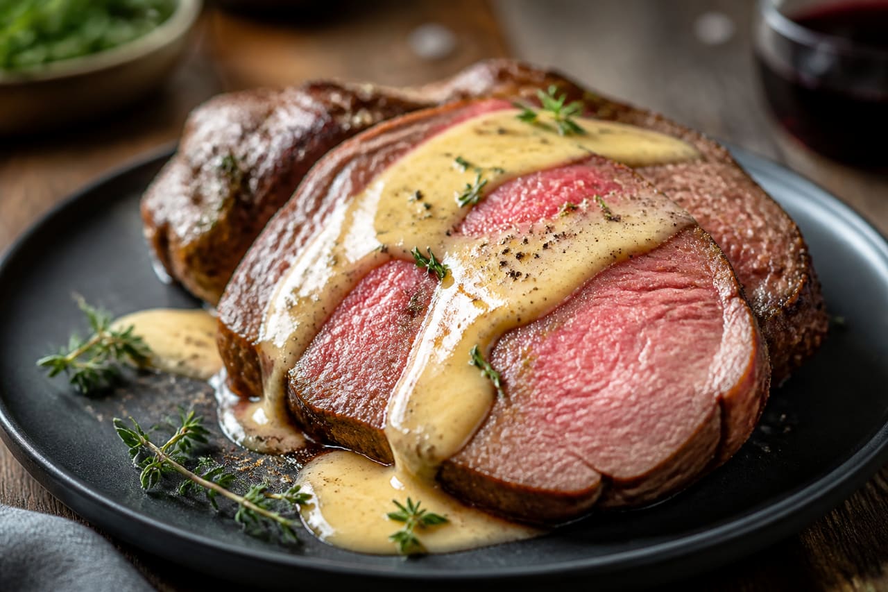Sliced Prime Rib Steak with Hollandaise Sauce on a Ceramic Plate
