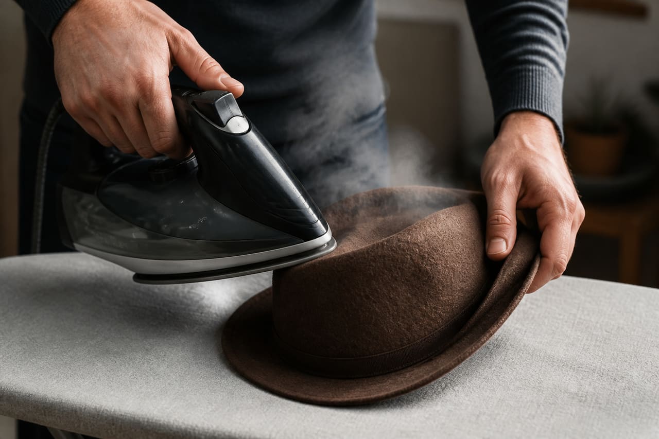 Person Using Steam Iron to Shrink a Wool Hat