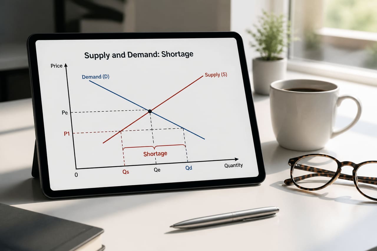 Economic Graph on Tablet Showing Prices Below Equilibrium