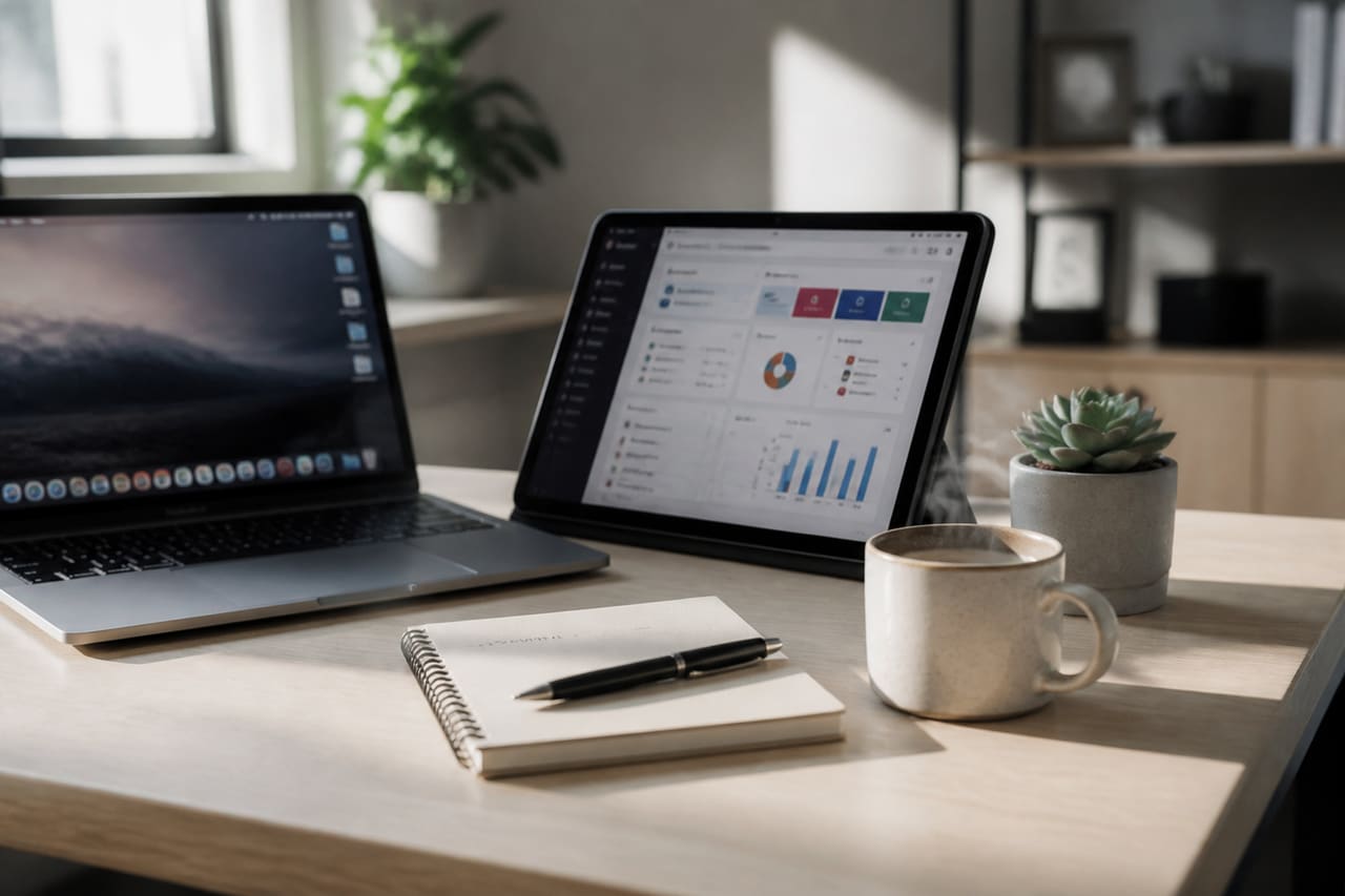 Laptop and Tablet on a Minimalist Modern Office Desk