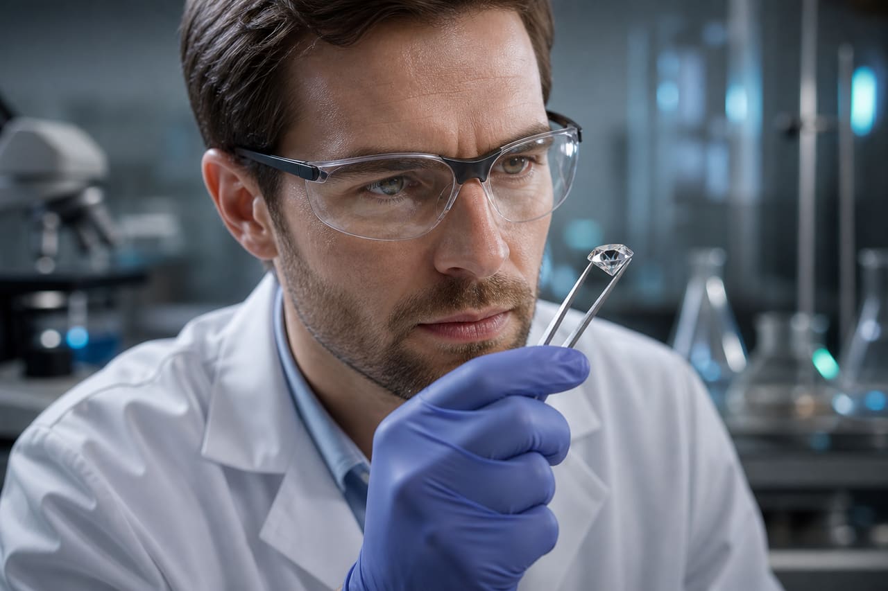 Chemist Analyzing Synthetic Diamond Crystals in a Laboratory