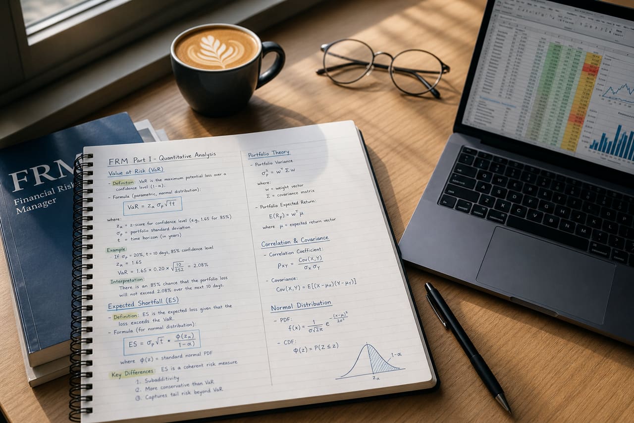 Financial Risk Manager Study Notes on a Professional Desk