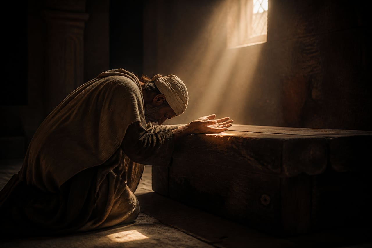Man Kneeling in Prayer at an Ancient Stone Altar