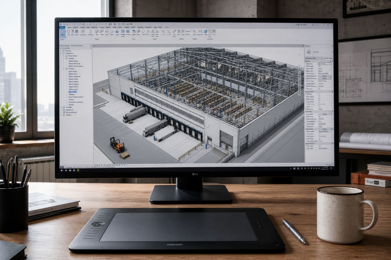 Architect Designing a Warehouse Layout Using 3D Modeling Software