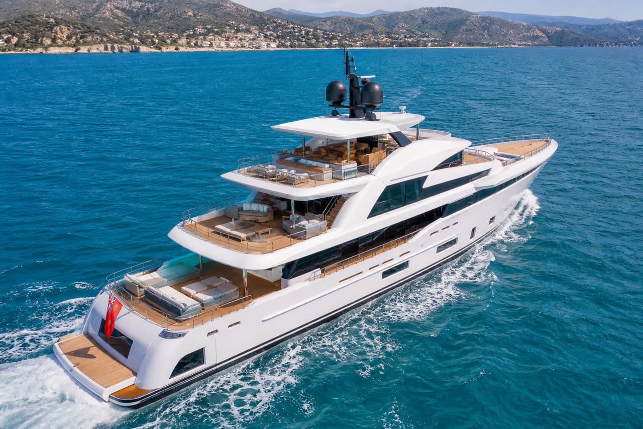 Luxury Tri Deck Yacht Cruising Through Turquoise Mediterranean Waters