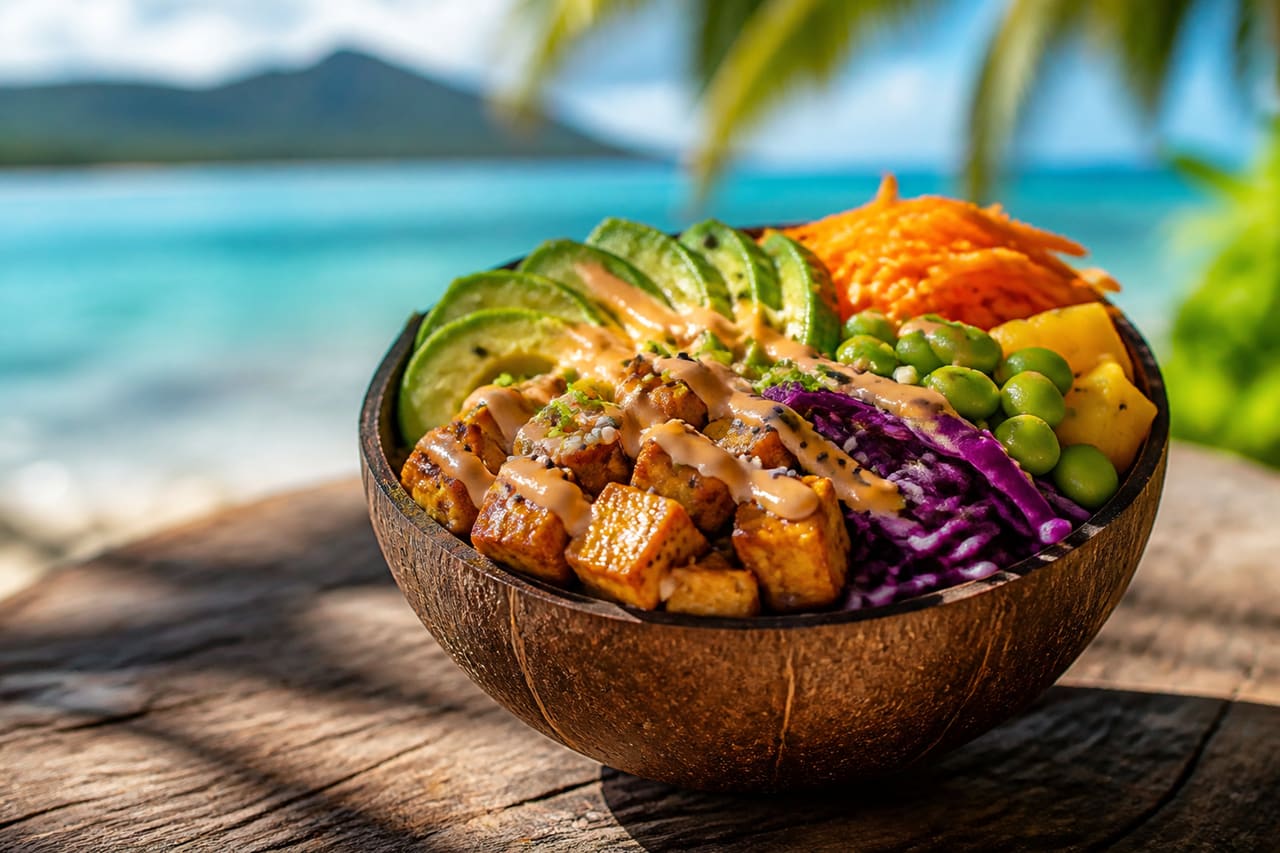 Vegan Poke Bowl Served in Coconut Shell on Oahu Beach