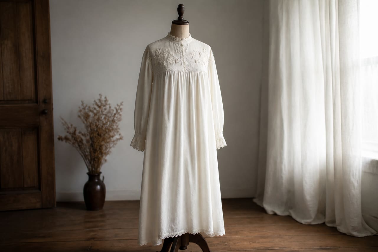 Victorian Style Cotton Nightdress Displayed on a Vintage Mannequin
