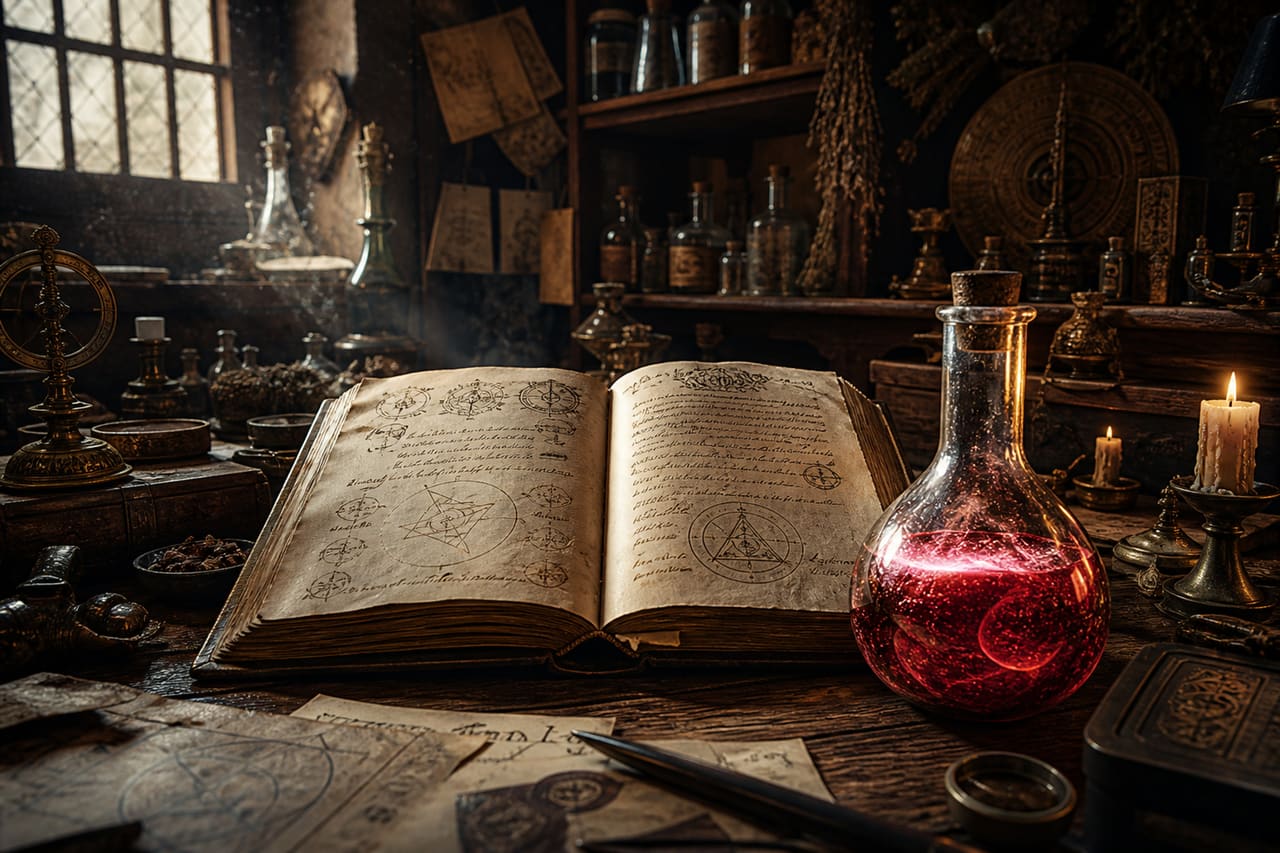 Ancient Alchemist Study with Open Grimoire and Crimson Flask