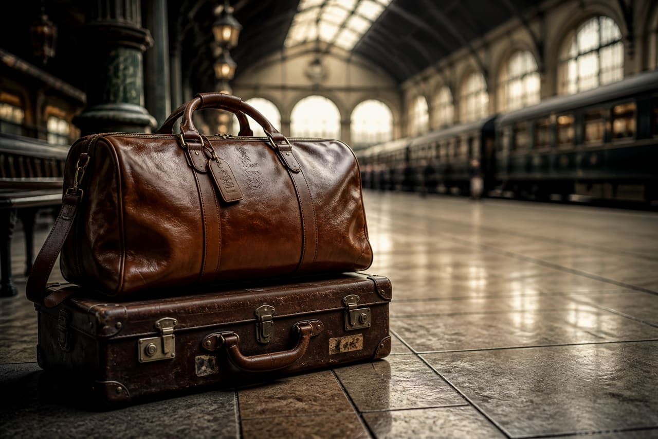 Brown Leather Travel Bag on a Vintage Suitcase in a Train Station