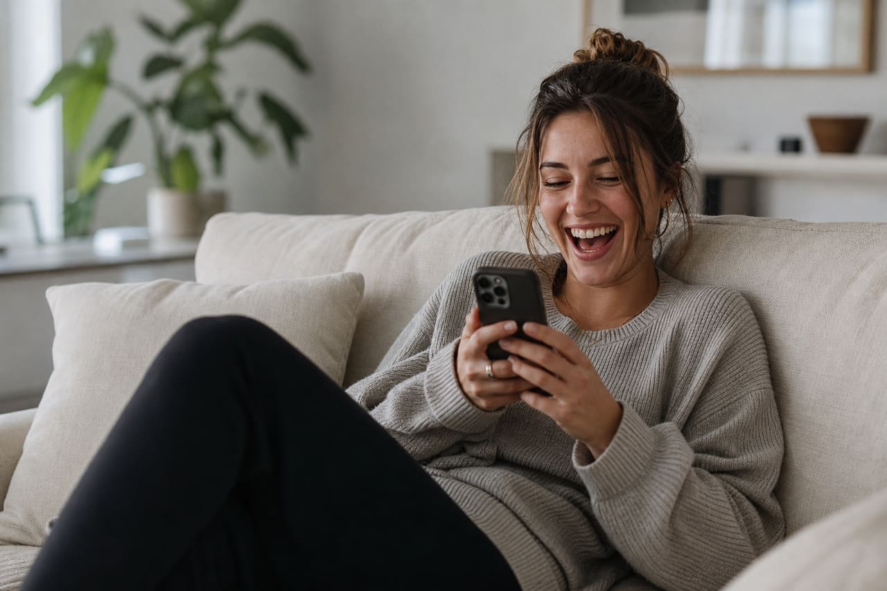 Young Woman Laughing While Watching Short Videos on Smartphone