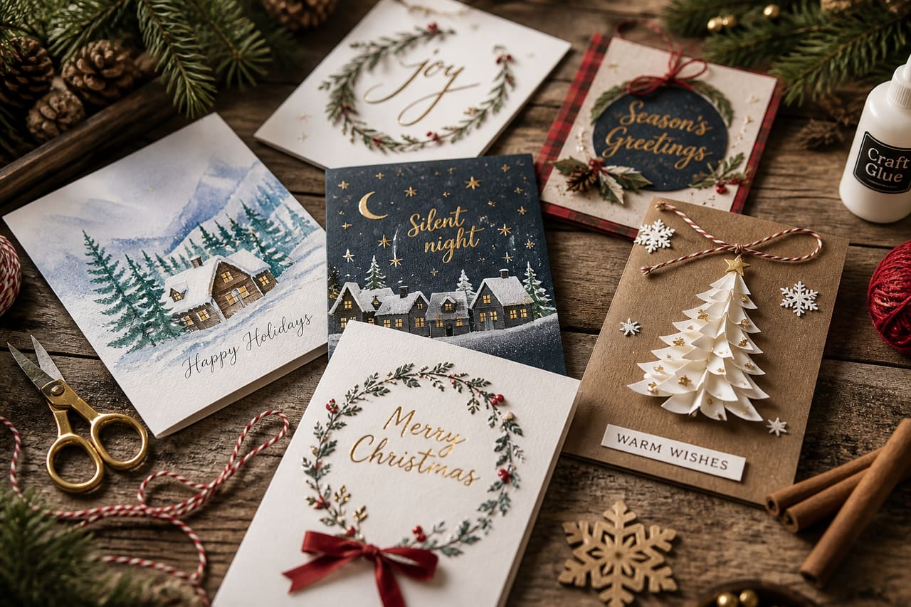 Assortment of Handmade Personalized Christmas Cards on a Wooden Table