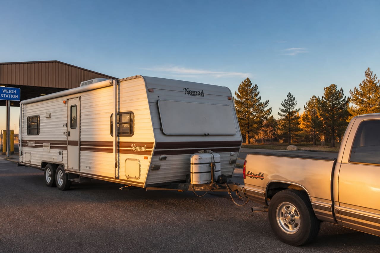 Classic Nomad Travel Trailer Hitched to a Truck for Towing
