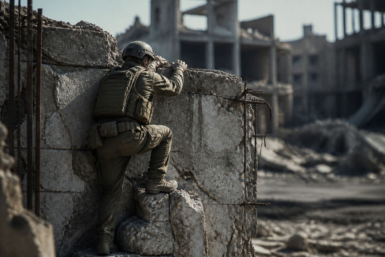Tactical Soldier Climbing a Concrete Wall in Urban Ruins