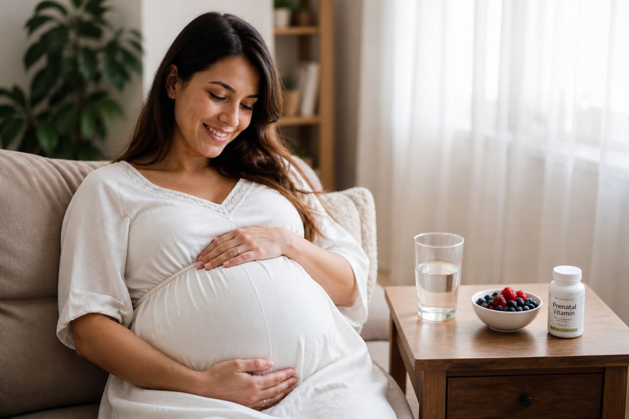 Pregnant Woman Relaxing with Healthy Snacks at Home