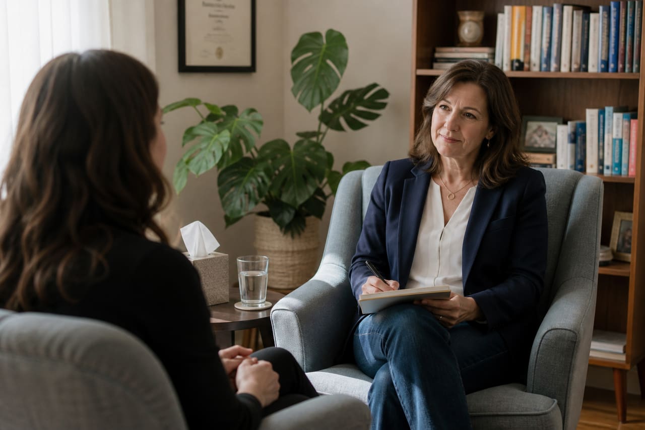 Professional Licensed Professional Counselor Consulting with Client in Georgia Office