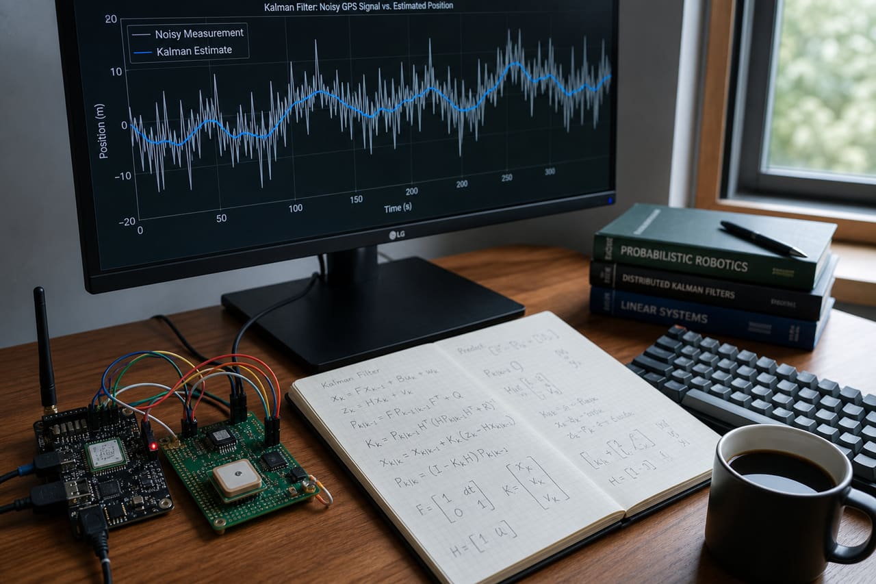 Engineer Workspace with Kalman Filter Data Plot on Monitor