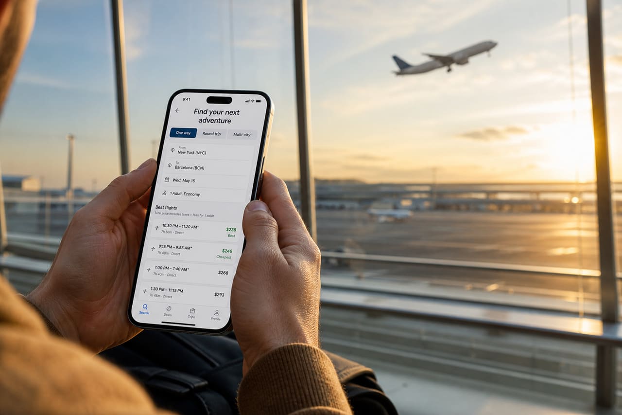 Traveler Searching for Cheap Flights on Smartphone at Airport