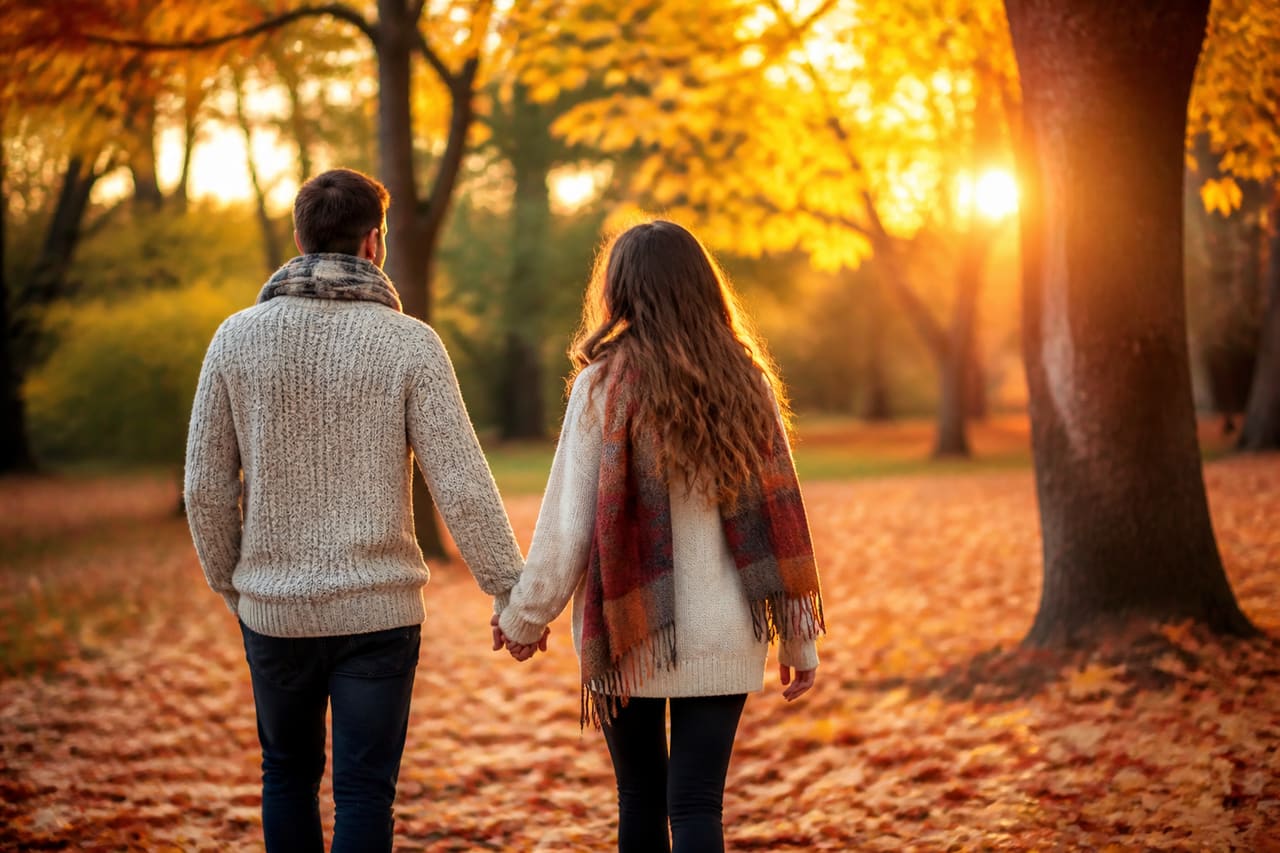 Couple Holding Hands and Walking Through a Sunlit Autumn Park