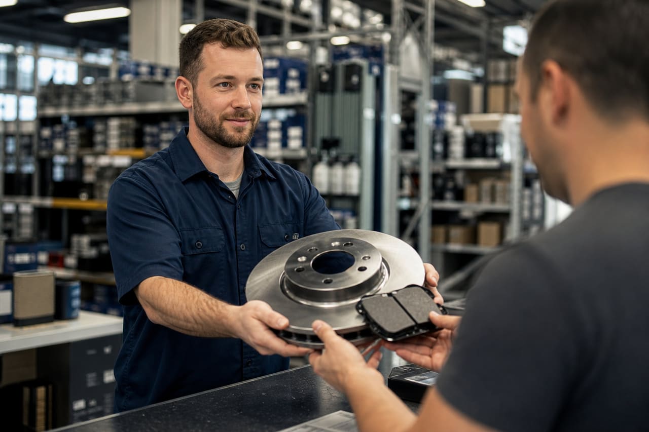 Employee Handing Brake Parts to Customer in Auto Store