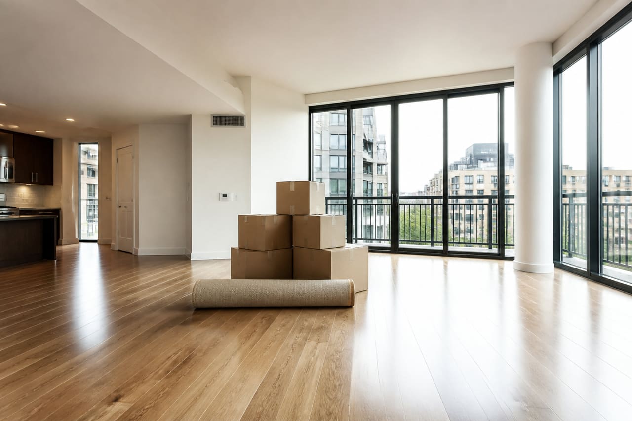 Empty Modern Living Room with Moving Boxes