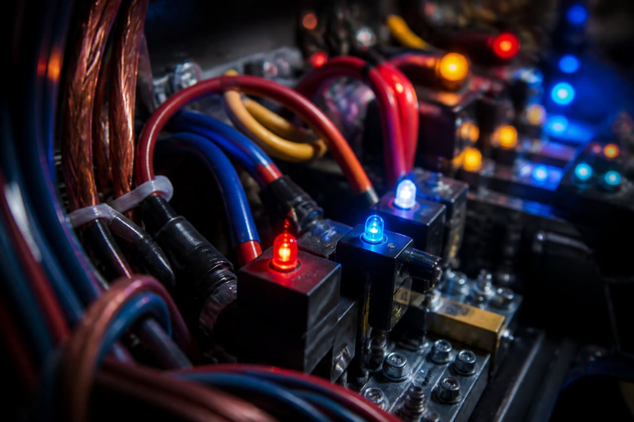 Close-Up of Electrical Wire and Flashing LED Lights