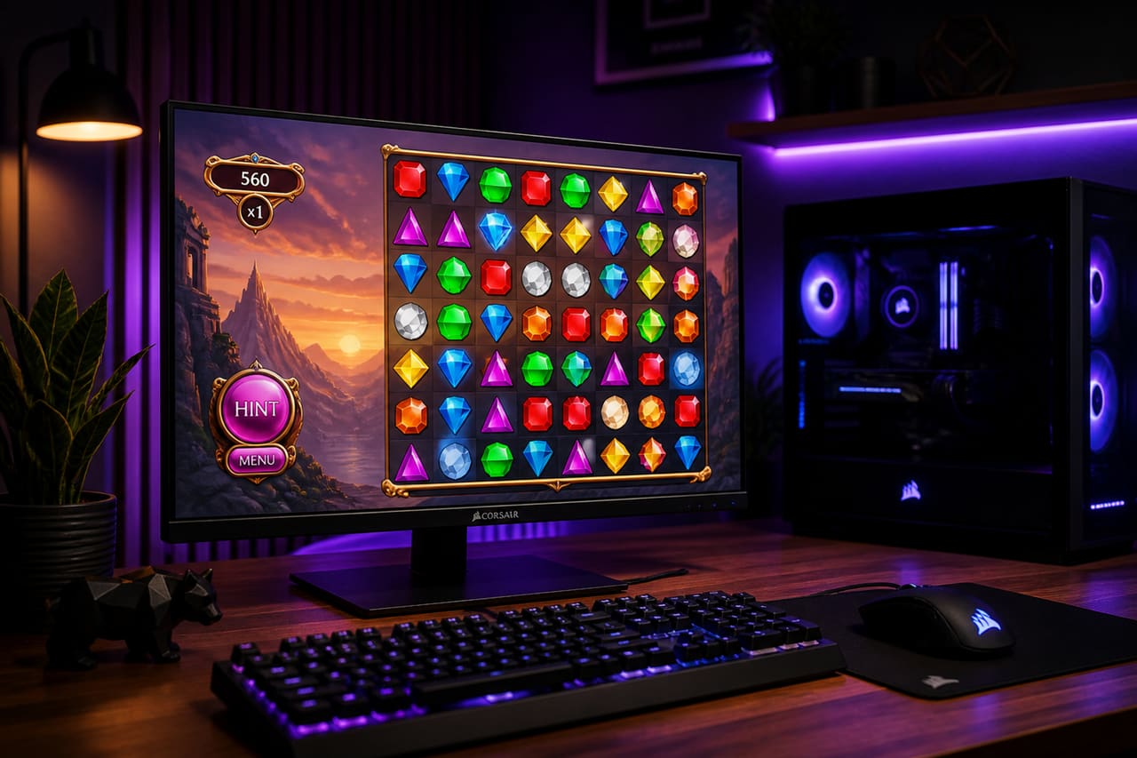Gaming Monitor Displaying Bejeweled 3 on a Modern Desk