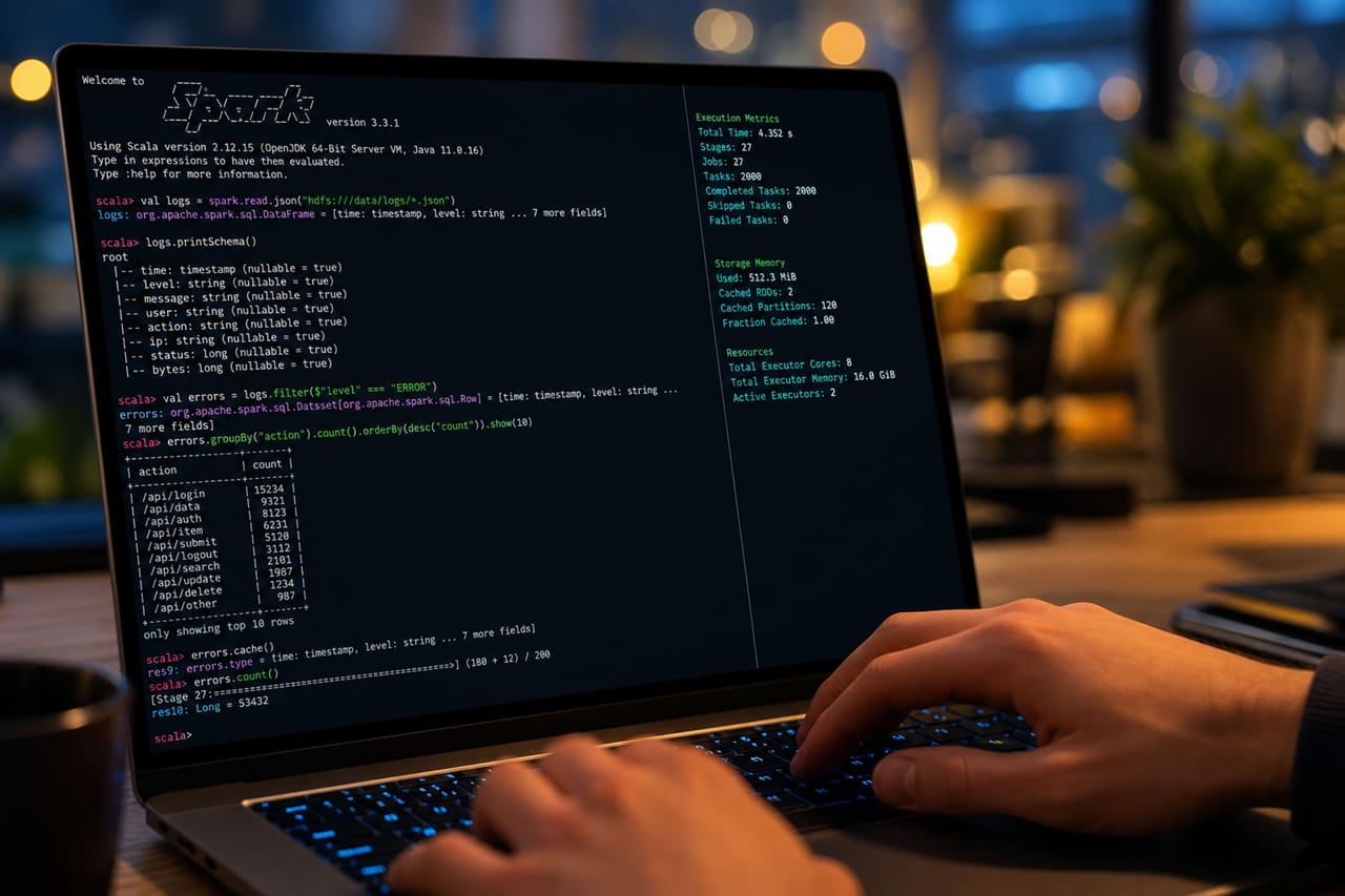 Developer Executing Commands in a Spark Interactive Shell Terminal