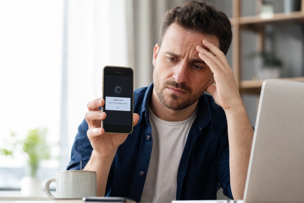 Frustrated Man Holding Old Smartphone with Frozen Screen