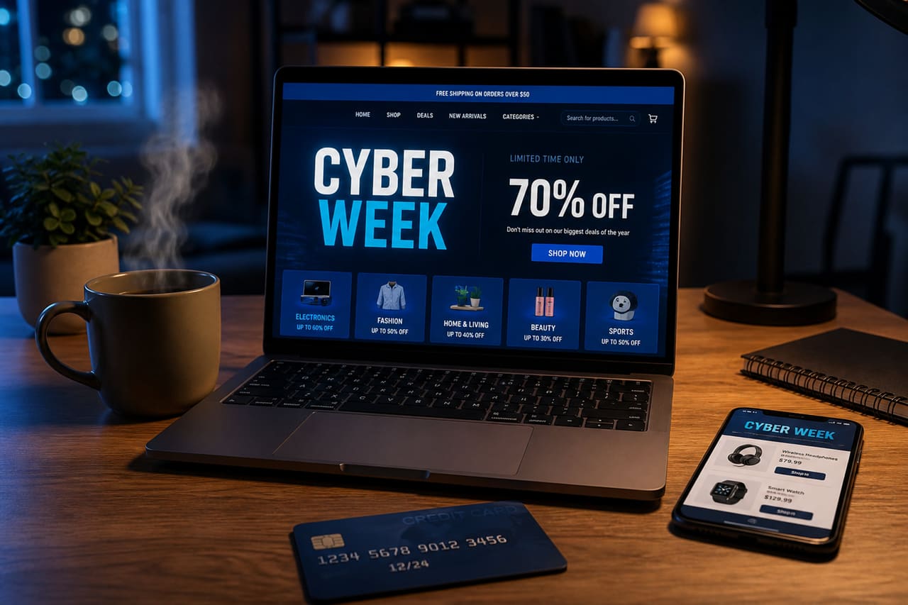 Laptop Displaying Cyber Week Sale on Home Office Desk