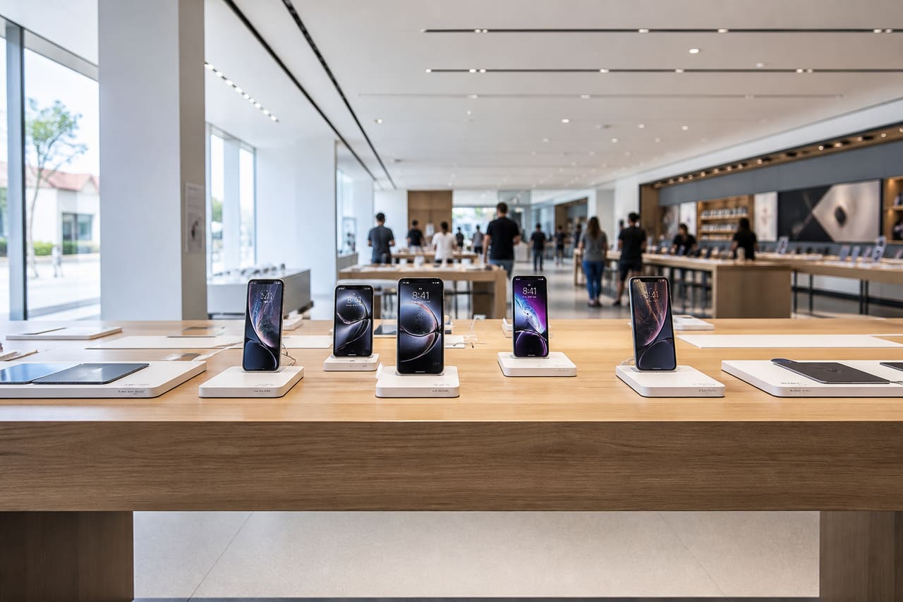 Modern Electronics Store Interior with Premium Smartphones and Tablets