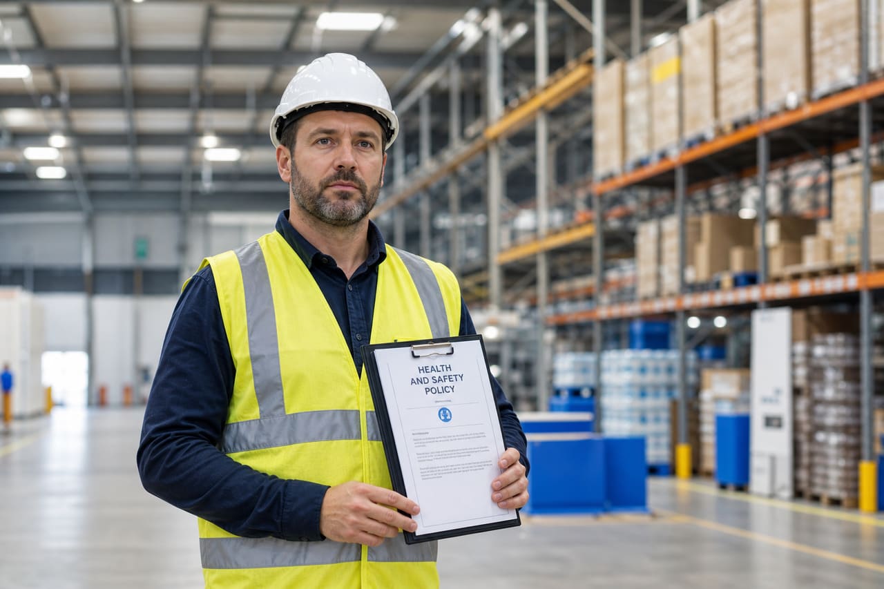 Safety Officer Reviewing Health and Safety Policy Documents in Industrial Warehouse
