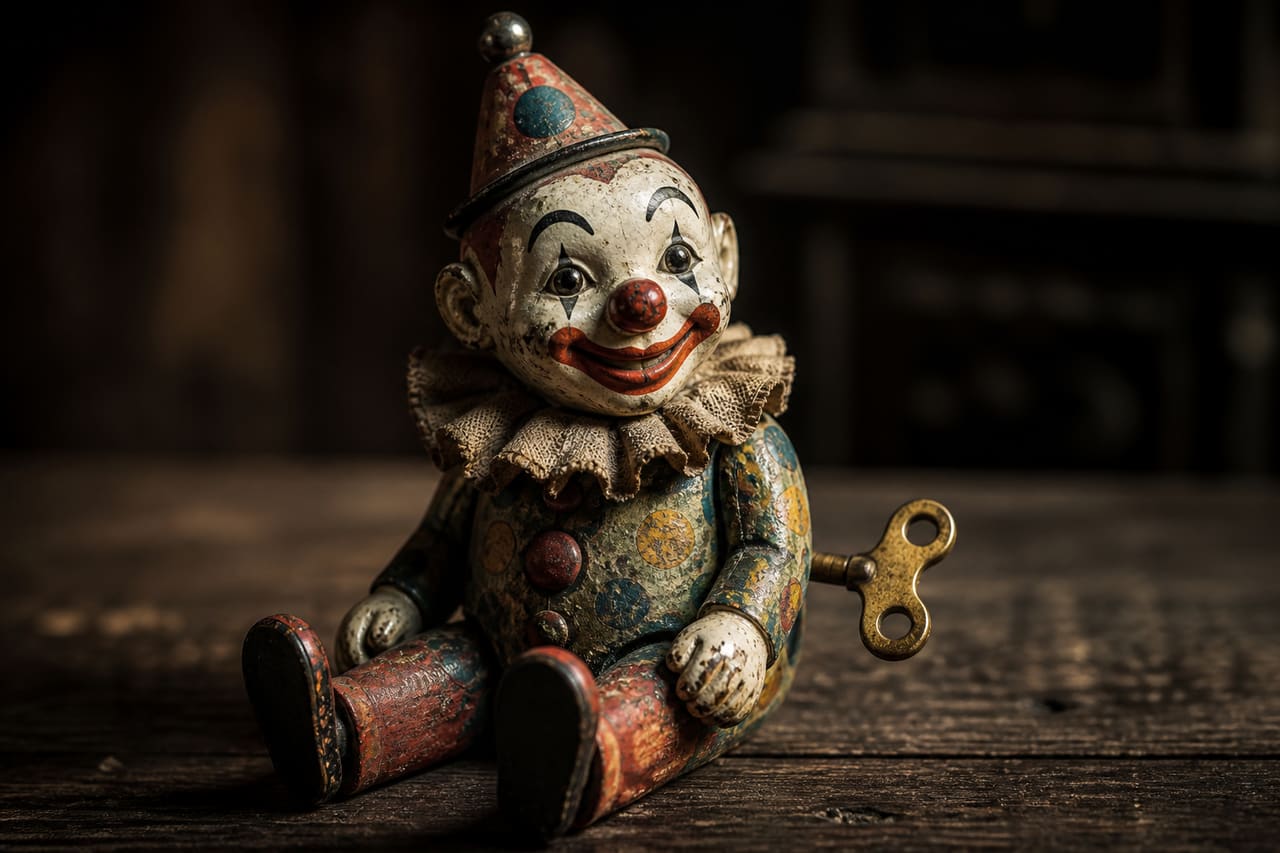 Antique Wind Up Clown Toy on a Rustic Wooden Table