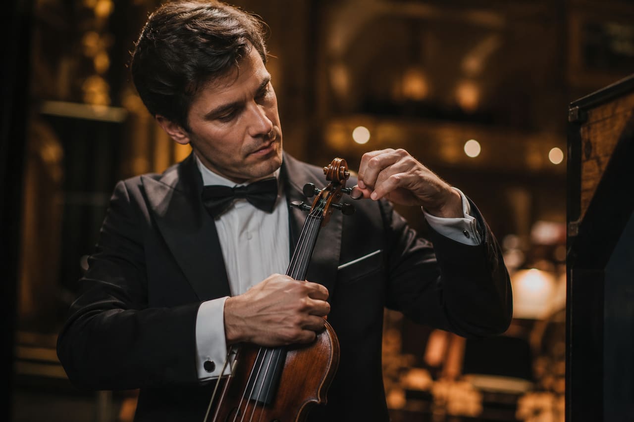Professional Musician Preparing for Performance in a Concert Hall