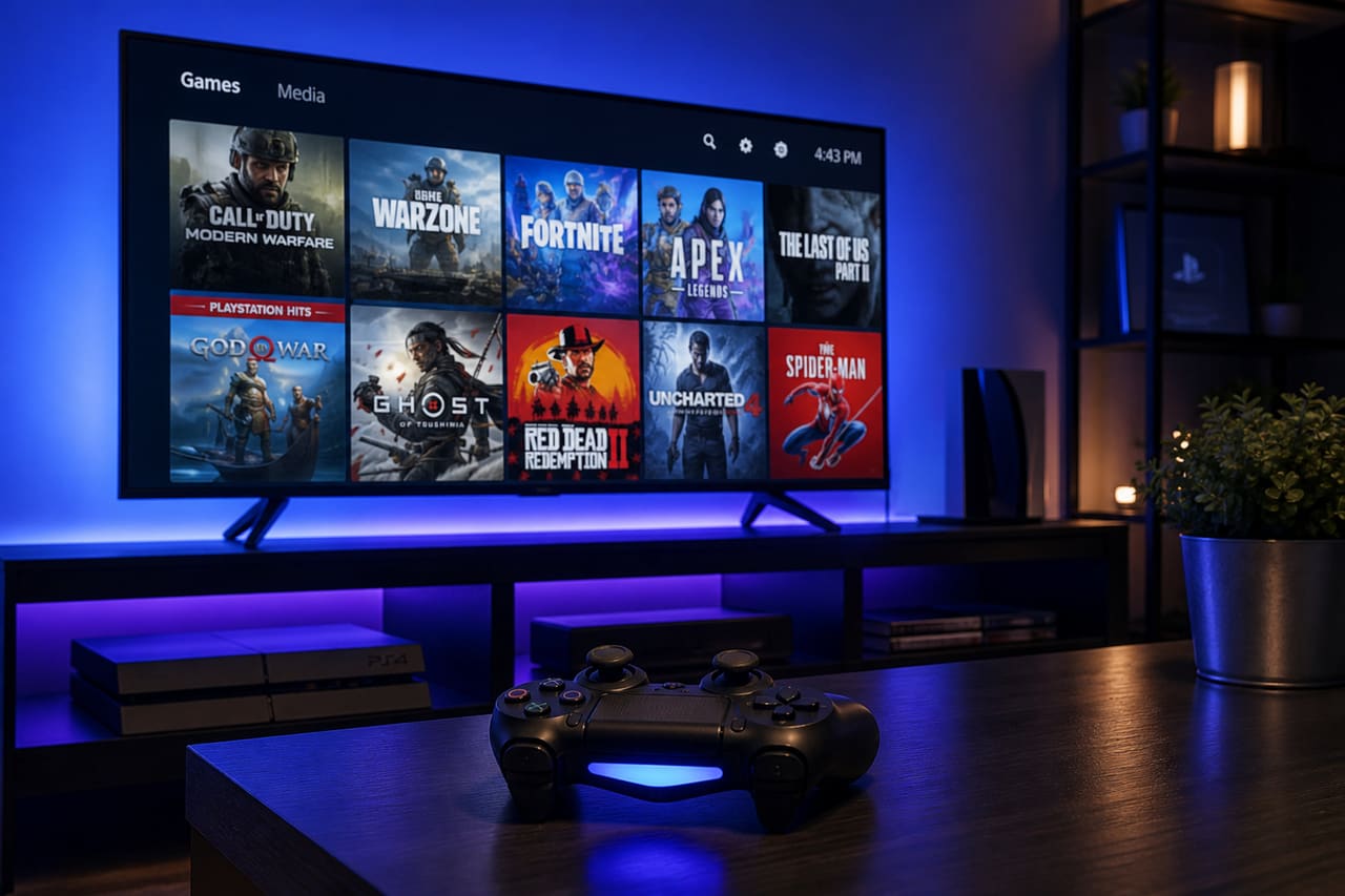 Playstation 4 Console and Controller with Shooter Games Menu