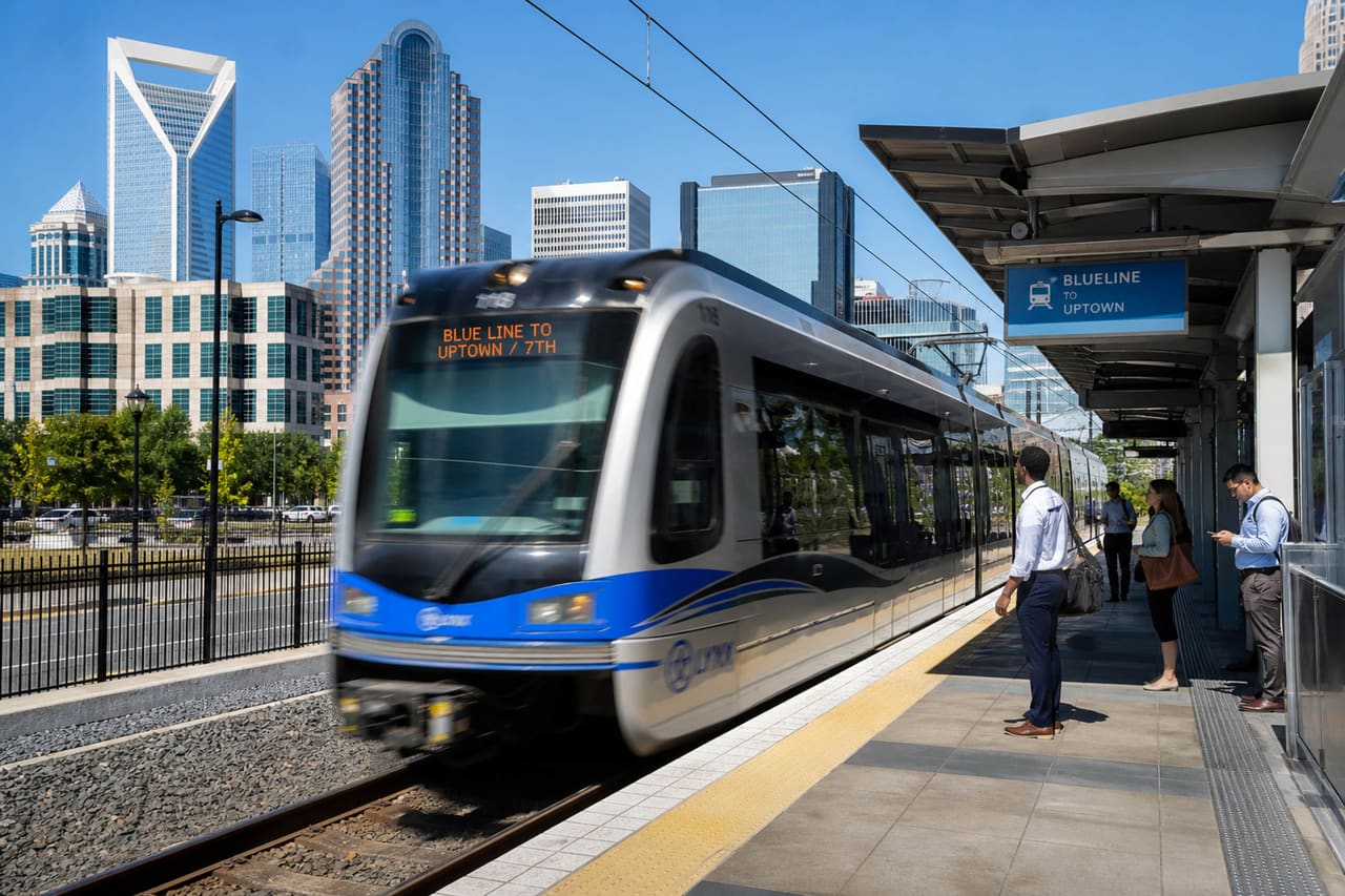 Modern Light Rail Train Arriving at Charlotte City Station