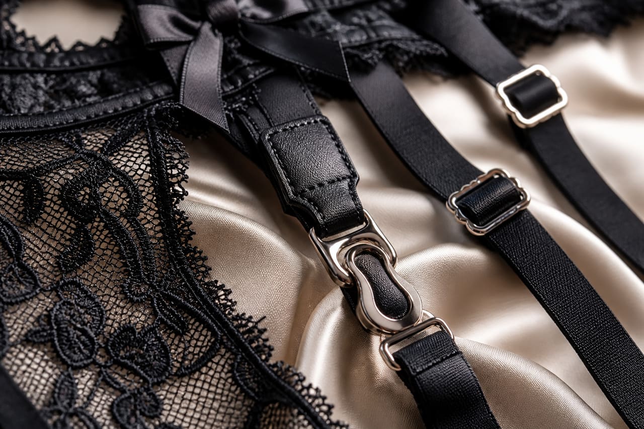 Close-Up of Garter Belt Hooks and Straps on Lace Lingerie