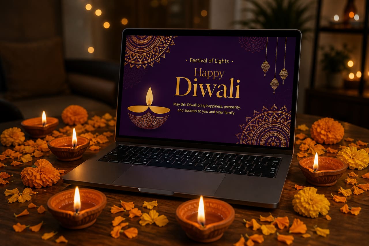 Laptop Displaying Diwali Presentation Slides on a Desk with Diyas