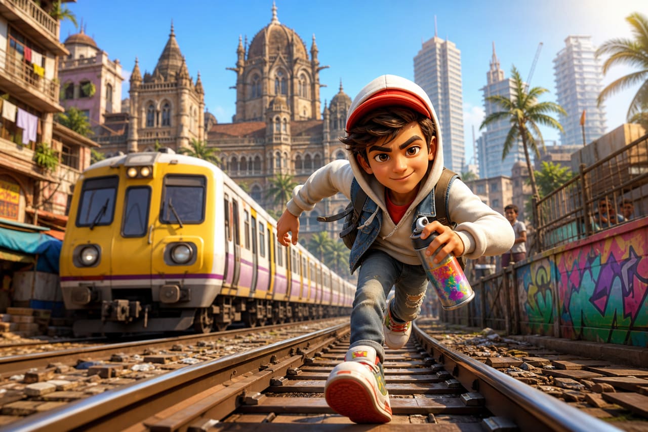 Stylized Character Running Through Mumbai City Railway Tracks