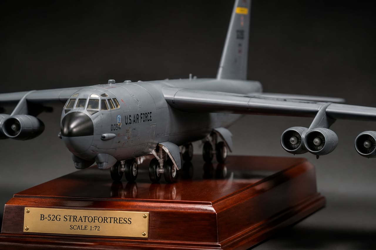 Detailed B-52g Model Aircraft on a Wooden Display Stand
