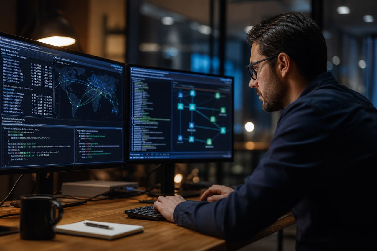 It Professional Analyzing Website Hosting Data on Multiple Monitors
