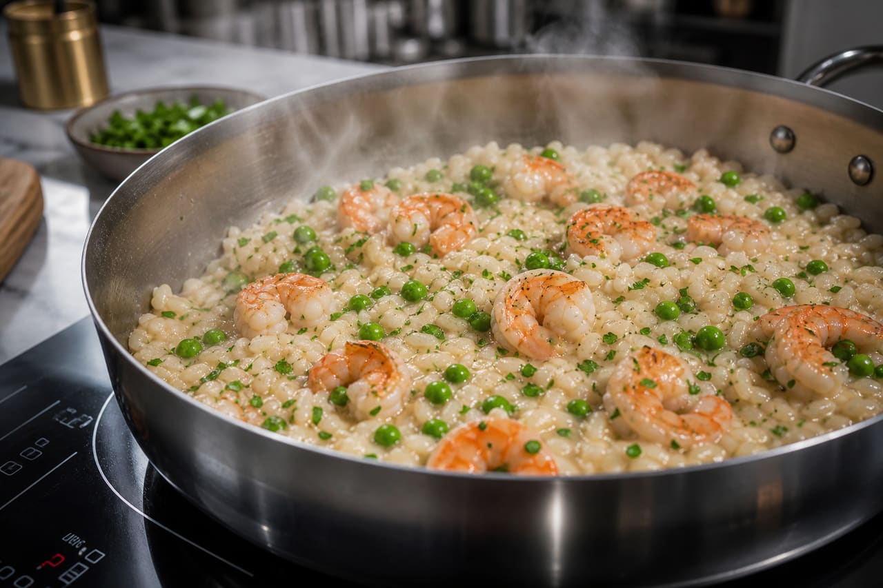 Chef Reheating Prawn Risotto in a Stainless Steel Pan