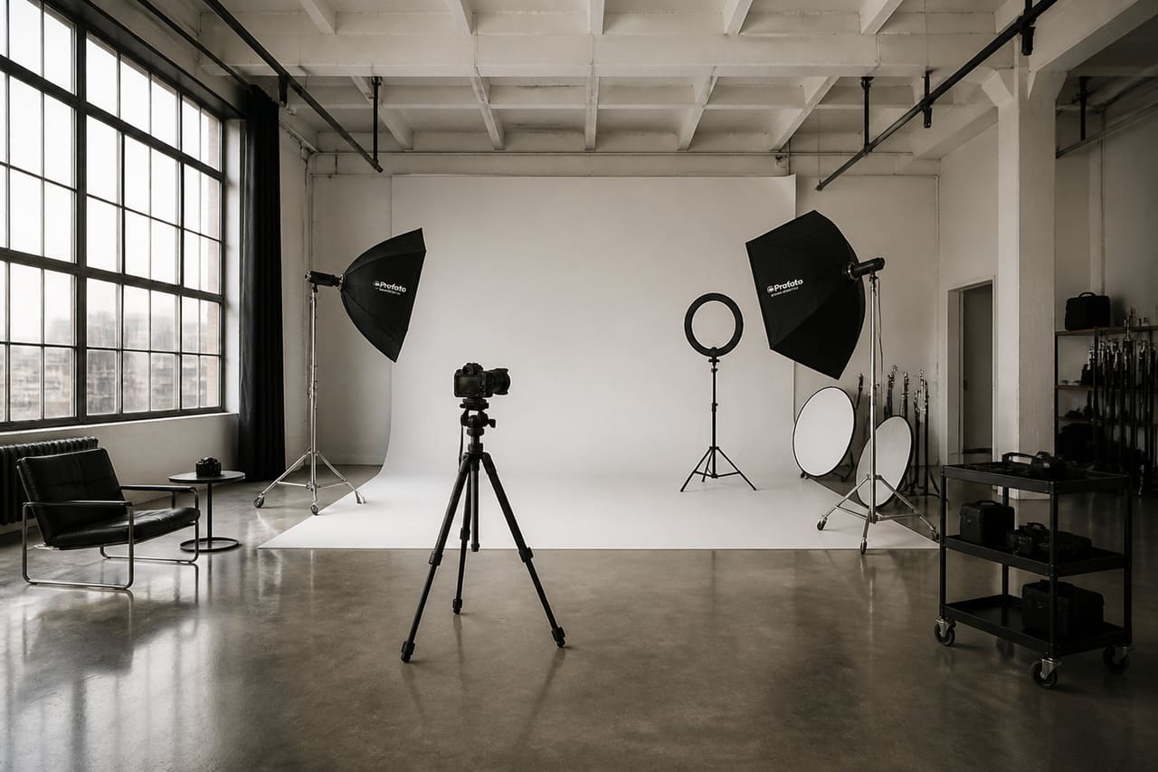 Professional Photography Studio Interior with Lighting Equipment