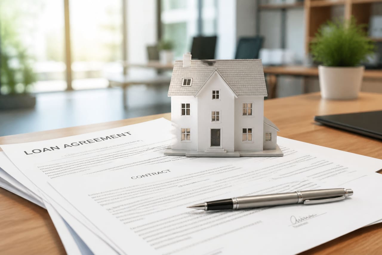 Miniature House Model on Signed Loan Documents