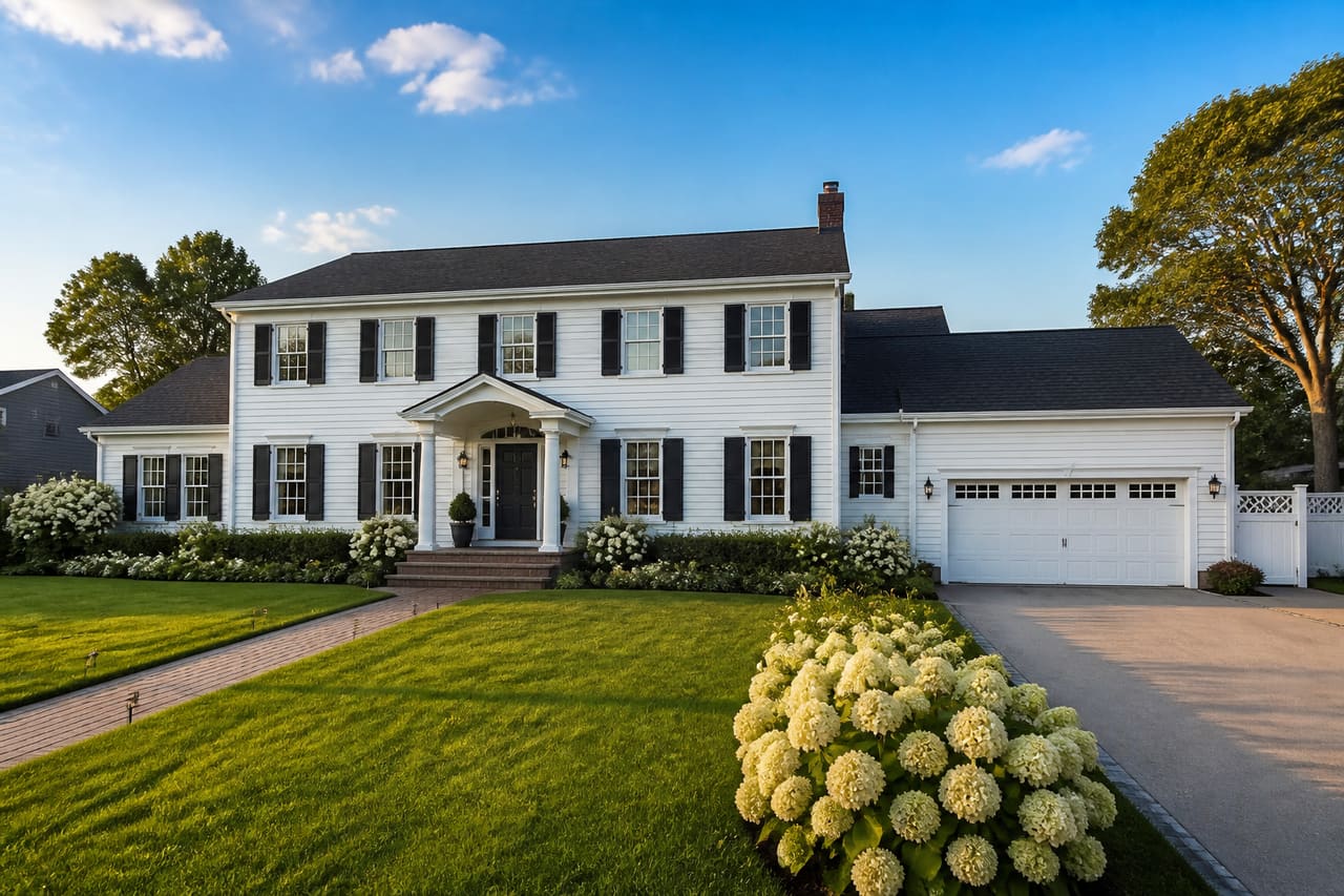 Luxury Colonial Home with Manicured Lawn in West Bay Shore