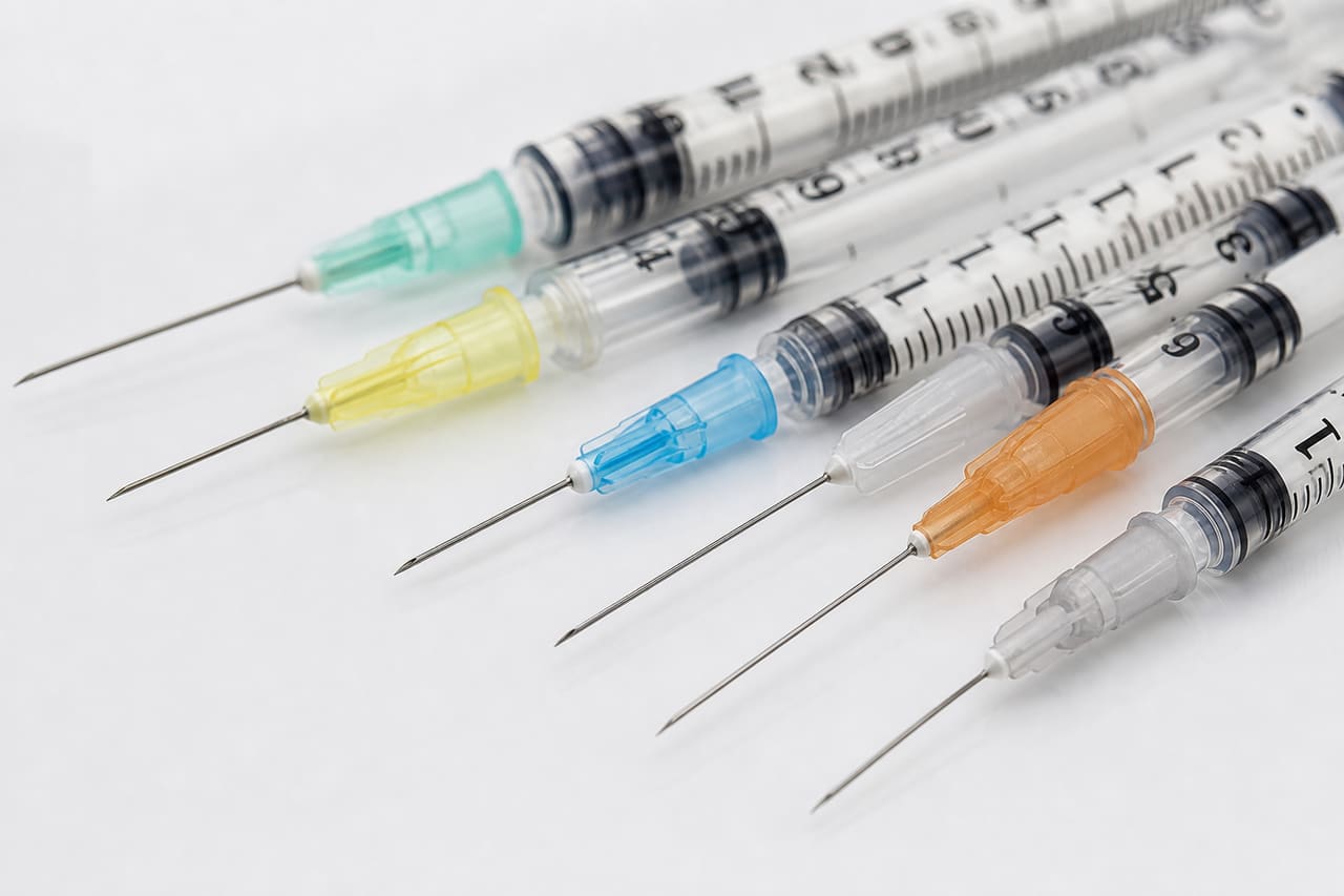 Close-Up of Insulin Syringes with Various Needle Sizes on White Background